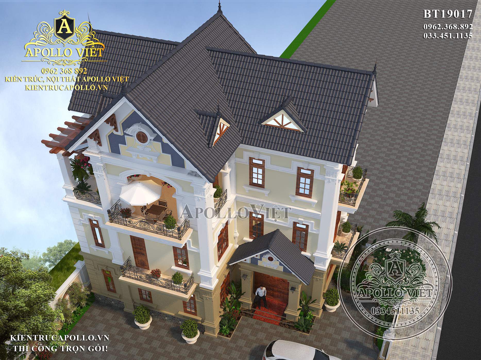 View từ trên cao của mẫu biệt thự tân cổ điển chữ L